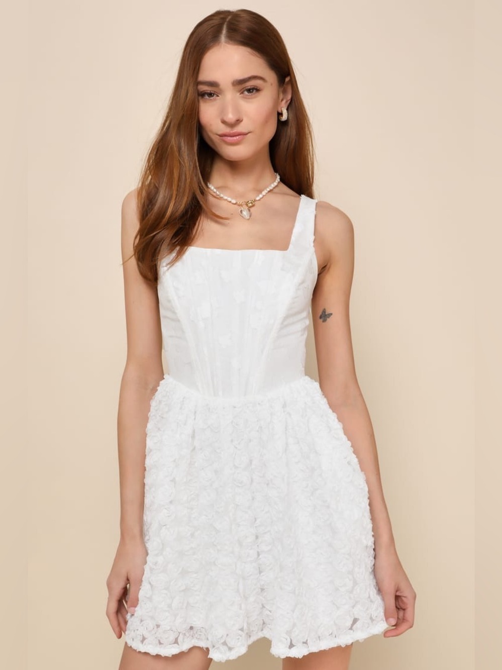 🤍 Lulus Gorgeous Bliss White Jacquard Rosette Bustier Mini Dress Coquette Bridal